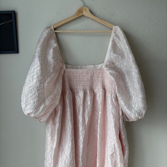 NEW Anthropologie Dress Pink Textured Puff-Sleeve Square Neck Midi Dress Size XL - Picture 6 of 10